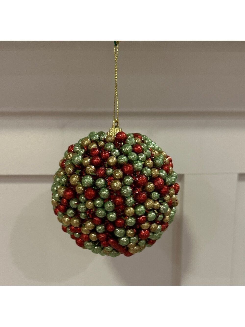 Vintage Handmade Festive Beaded and Tinsel Christmas Ornament- Red, Gold, Green